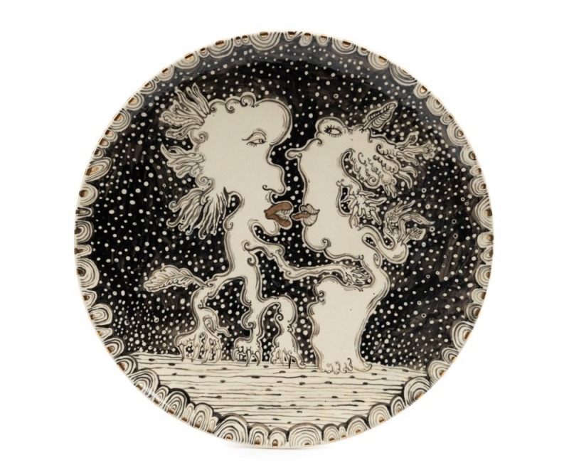 JENNY ORCHARD pottery plate adorned with two mythical creatures, reverse also adorned with hand-painted scene, signed "Jenny Orchard", 28cm diameter