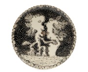 JENNY ORCHARD pottery plate adorned with two mythical creatures, reverse also adorned with hand-painted scene, signed "Jenny Orchard", 28cm diameter