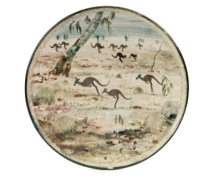 NEIL DOUGLAS & ARTHUR MERRIC BOYD impressive pottery platter with hand-painted scene of Aboriginal hunting party and eleven kangaroos in landscape, incised "Neil Douglas of A. M. Boyd Pottery, 1953", 35cm diameter