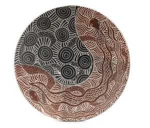 CAROL WILLIAMS pottery fruit bowl adorned with sgraffito Aboriginal snake motif, incised "Carol Williams, 2011, Ernabella Arts", 36cm diameter