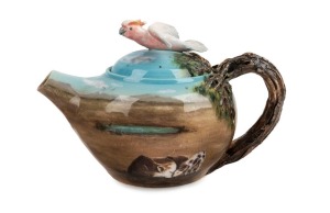 TANYA BECHARA "Teapot #2" pottery example with applied branch handle, hand-painted rural scene and Major Mitchell cockatoo finial, incised "Tanya Bechara, Hop'n Frog Pottery", 11cm high, 17cm wide