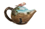 TANYA BECHARA "Teapot #2" pottery example with applied branch handle, hand-painted rural scene and Major Mitchell cockatoo finial, incised "Tanya Bechara, Hop'n Frog Pottery", 11cm high, 17cm wide - 2