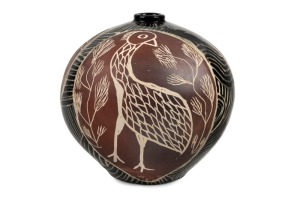 CARLENE THOMPSON "Tjulpu Mankulpa" (The story of Eagle, Cocky, Crow) sgraffito decorated vase in black and brown, incised "THO", 17cm high