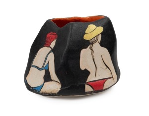 JUDY LANE "Back To The Beach" hand-painted pottery vase, exhibition item no.16, incised signature to base, with accompanying MU Gallery documentation, 15cm high