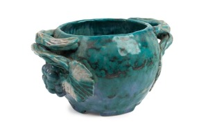 JOLIFFE impressive green glazed pottery vase with applied grapes and leaves with branch handles, incised "JOLIFFE, Hand Built, F.E.C.", 15cm high, 27cm across the handles