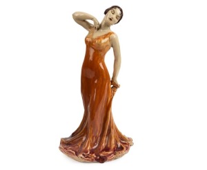 MARGUERITE MAHOOD Art Deco pottery statue of a lady in evening gown, incised "Marguerite Mahood", 22cm high
