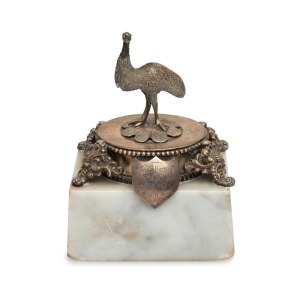 Antique Australian silver emu paperweight with white marble base, inscribed "REV.d A.R. BARTLETT M.A. SYDNEY, 13th August, 1895", ​​​​​​​11cm high overall