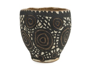 PEPAI JANGALA CARROLL studio pottery vessel with sgraffito and hand-painted decoration, signed "Pepai Carroll", 20cm high, 20cm wide