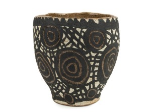 PEPAI JANGALA CARROLL studio pottery vessel with sgraffito and hand-painted decoration, signed "Pepai Carroll", 20cm high, 20cm wide