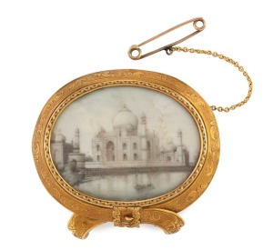 JOACHIM MATTIAS WENDT of Adelaide South Australia, fine 18ct yellow gold brooch, with hand-painted Indian miniature on ivory of the Taj Mahal, 19th century, stamped "J.M.W. 18" with lion and crown marks, 5.5cm wide, 29.4 grams total