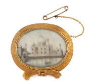 JOACHIM MATTIAS WENDT of Adelaide South Australia, fine 18ct yellow gold brooch, with hand-painted Indian miniature on ivory of the Taj Mahal, 19th century, stamped "J.M.W. 18" with lion and crown marks, ​​​​​​​5.5cm wide, 29.4 grams total  