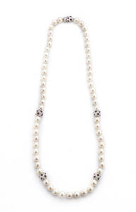 &nbsp;NECKLACE: Cultured pearl and 18ct white gold ruby and diamond roundels.