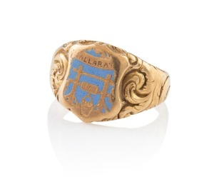 BALLARAT INTEREST, important and rare high carat gold miner's ring decorated in blue enamel depicting a gold bucket and windlass, emblazoned "BALLARAT" all contained within a shield. Ballarat rings from this period are extremely scarce, and this is the first example known to our rooms with enamel decoration. Circa 1850s. Marks rubbed but appears to be stamped "WHE...(?)", 6.9 grams