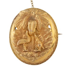 Australiana antique yellow gold oval brooch with emu and kangaroo flanking a fern tree, 19th century, 4.2cm high, 7.4 grams