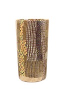 GILES BETTISON "Textile 07 #18, Bullseye glass, Cane, Fused, Hotform & Coldworked Glass", vase. With original gallery label priced at $6,800. ​​​​​​​24.5cm high