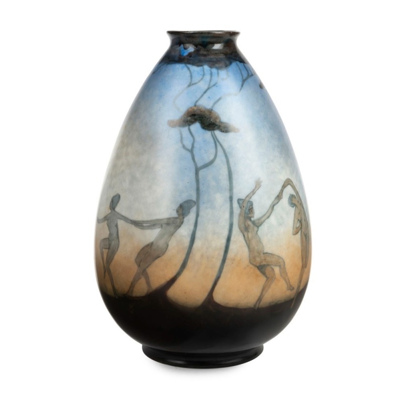 ELIZA JOSEPHSON, hand-painted porcelain vase with nude dancing figures in landscape, signed "E. Josephine, 1915", 21cm high.  