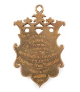 NORTHERN RAILWAY (Queensland) antique 15ct yellow gold fob adorned with a locomotive and monogram, engraved verso "To R. CAMPRADT From His Comrades Of The NORTHERN RAILWAY On His Departure From TOWNSVILLE, March 1901, stamped "KEELING, 15ct", 5cm high, an - 2