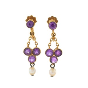 A pair of antique 9ct gold earrings, set with pearls and amethysts, 19th century, 2.5cm high