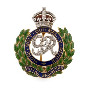 ROYAL ENGINEERS 18ct yellow gold and platinum, enamel and diamond brooch with King George VI cypher, WW2 period, stamped "18ct, PLAT.", ​​​​​​​3.2cm high, 7.7 grams
