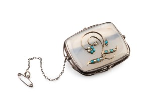 RHODA WAGER sterling silver and white agate brooch adorned with turquoise and seed pearls, stamped "WAGER", 5cm wide