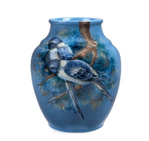 NEWTONE POTTERY impressive blue pottery vase decorated with hand-painted parrots, signed "DAISY MERTON", stamped "Newtone Pottery, Sydney, Hand Painted", 21cm high