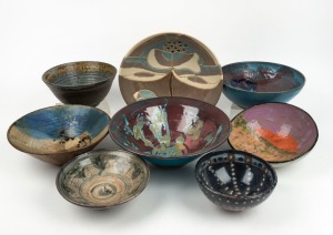 Seven assorted Australian studio pottery bowls, ​​​​​​​the largest 30cm diameter