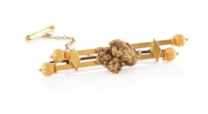GEORGE RICHARD ADDIS of Kalgoorlie Western Australia, impressive antique double bar brooch with large gold nugget specimen, late 19th century, stamped "G.R. ADDIS, 18ct", 7cm wide, 13.6 grams