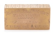 WATERLOO FIRE BRICK, 9ct gold brick made in 1914 by KITCHEN & BINGHAM of Park Street Sydney. This brick was raffled to raise money for charity. It was re-donated and sold, eventually raising £204. - 2