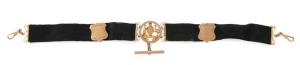 WILLIS & SONS of Melbourne, "ADVANCE AUSTRALIA" 9ct gold and black silk fob chain adorned with kangaroo and emu coat of arms, late 19th century, 32cm long