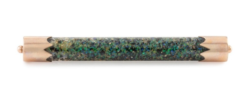 An antique 9ct rose gold mounted opal chip cylinder brooch, 19th/20th century, stamped "9ct, T.R.F.", ​​​​​​​5.5cm wide