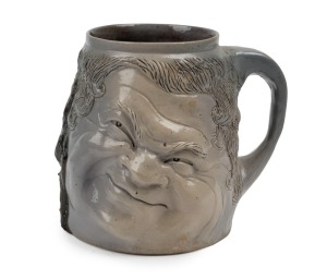 MARTIN BROTHERS antique English pottery double sided grotesque mug, incised "R. W. Martin & Bros., London & Southall", 12cm high