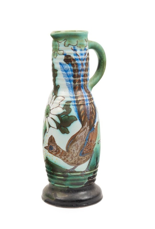 GOUDA "Lyrebird" Dutch pottery jug, factory marks to base, 24cm high