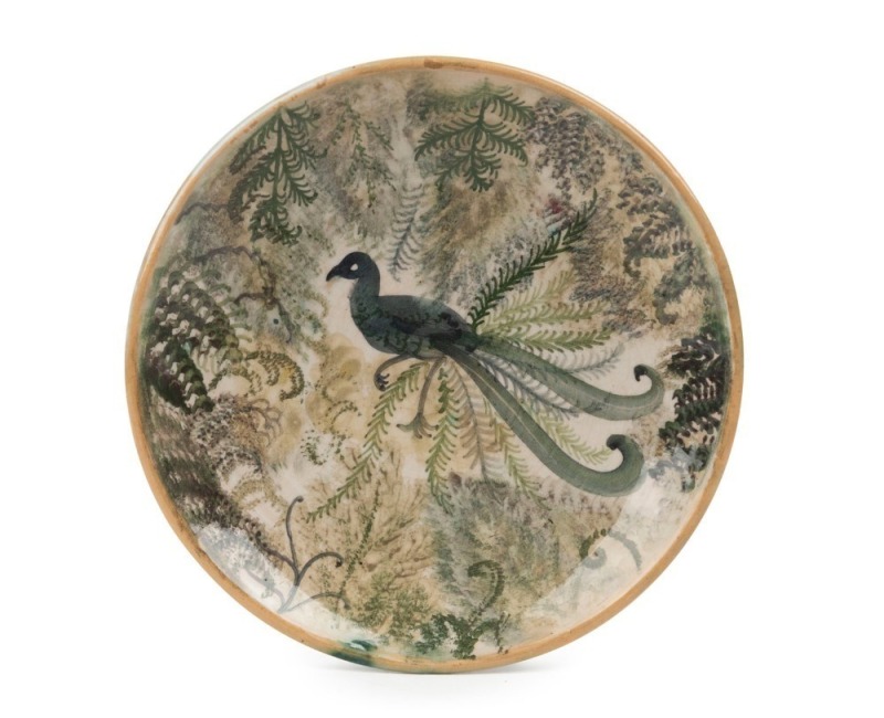 ARTHUR MERRIC BOYD & NEIL DOUGLAS pottery plate with lyre bird decoration, incised "Neil Douglas, A.M.B., Australia", 17cm diameter