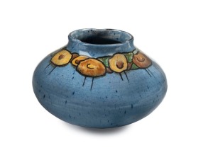 VI EYRE blue glazed pottery vase with floral frieze, incised "Vi Eyre", (date illegible), 8cm high, 13cm wide