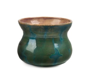 ALLAN LOWE "Blue Vista" green and blue glazed pottery vase with decorative frieze, incised "Allan Lowe, Blue Vista, 7/1/33", 7cm high, 9cm wide