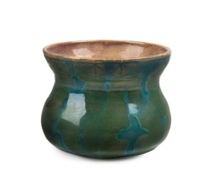 ALLAN LOWE "Blue Vista" green and blue glazed pottery vase with decorative frieze, incised "Allan Lowe, Blue Vista, 7/1/33", ​​​​​​​7cm high, 9cm wide