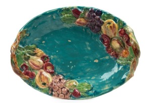 UNA DEERBON turquoise glazed pottery platter with applied fruit and branch handles, incised "Deerbon", 34cm wide