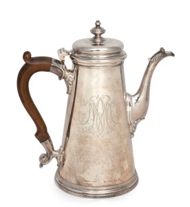 EDOUARD GAVEY important George III CHANNEL ISLANDS silver coffee pot, made for MARY MAUGER, circa 1775, with Edouard Gavey's mark to base, plus engraved monogram and inscribed on the base "Mary Mauger", with later 19th century crest added to reverse. Coffee pots of this period from the Channel Islands are extremely scarce with fewer than 12 examples recorded, this being the only example that we could find by this maker. 24cm high, 1052 grams including handle.