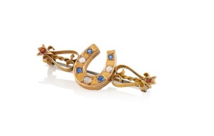 GEORGE RICHARD ADDIS of Kalgoorlie antique Australian 15ct gold stock-pin brooch with horseshoe, set with blue sapphires and opals, late 19th century, stamped "ADDIS", ​​​​​​​4.5cm wide, 4.3 grams