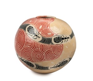 LYNETTE LEWIS spherical Australian ceramic vase decorated with ant motif, incised "Lynette Lewis, Ernabella Arts, 2020", 16cm high