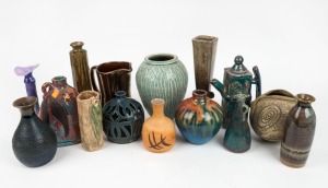 Fifteen assorted pottery vases, teapots and jugs including BARRY BLIGHT gum leaf vase, the largest 23cm high