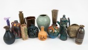 Fifteen assorted pottery vases, teapots and jugs including BARRY BLIGHT gum leaf vase, the largest 23cm high