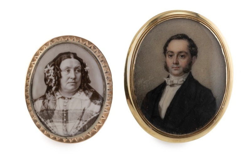 Rare CHANNEL ISLANDS miniature portrait of the Jersey silversmith JOHN LE GALLAIS hand-painted on ivory, signed at left "H. BERTIAN 1838" and mounted in yellow gold as a brooch. Accompanied by a photogravure portrait brooch of his wife ELIZA LE GALLAIS, a