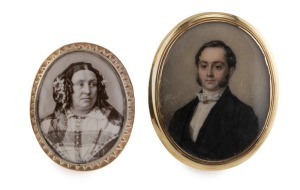 Rare CHANNEL ISLANDS miniature portrait of the Jersey silversmith JOHN LE GALLAIS hand-painted on ivory, signed at left "H. BERTIAN 1838" and mounted in yellow gold as a brooch. Accompanied by a photogravure portrait brooch of his wife ELIZA LE GALLAIS, also mounted in gold. With a hand-written note "Eliza Le Gallais (nee Le Ballie) (my Great Grandmother), wife of John Le Gallais".