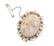 WILLIAM DRUMMOND & Co. of Melbourne fine cameo portrait brooch in 9ct yellow gold surround, set with seed pearls, retailed through Dunklings in Melbourne, 19th/20th century, stamped "W.9.D. DUNKLINGS", ​​​​​​​5.5cm high