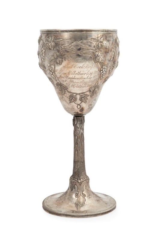 JOACHIM MATTHIAS WENDT of Adelaide, antique Australian silver trophy cup with repousse grape decoration, engraved "MT. GAMBIER A. & H. SOCIETY SPRING SHOW 1881, PRESENTED BY MESSRS. J. & H. MORRISS FOR BEST BULL". Perpetual trophy engraved with several wi