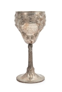 JOACHIM MATTHIAS WENDT of Adelaide, antique Australian silver trophy cup with repousse grape decoration, engraved "MT. GAMBIER A. & H. SOCIETY SPRING SHOW 1881, PRESENTED BY MESSRS. J. & H. MORRISS FOR BEST BULL". Perpetual trophy engraved with several wi