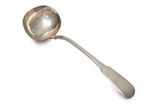 ALEXANDER DICK rare Colonial Australian fiddle pattern soup ladle with engraved monogram, circa 1830s, stamped "A.D." with lion passant, crowned leopard's head, E and monarch's head, 35cm long, 322 grams. PROVENANCE: Shapiro, Emporium Auction, 23 September 2012, Lot 229.
