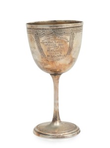 HENRY STEINER of Adelaide, antique Australian silver trophy cup, engraved "NARRACOORTE PASTORAL AGRICULTURAL SOCIETY SHOW, 17th August 1882. Presented By H. STEINER, Awarded To Mr JOHN RIDDOCH For Best 5 Merino Ewes", stamped "H. STEINER" flanked by pictorial marks, 16.5cm high, 160 grams