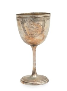 HENRY STEINER of Adelaide, antique Australian silver trophy cup, engraved "NARRACOORTE PASTORAL AGRICULTURAL SOCIETY SHOW, 17th August 1882. Presented By H. STEINER, Awarded To Mr JOHN RIDDOCH For Best 5 Merino Ewes", stamped "H. STEINER" flanked by picto